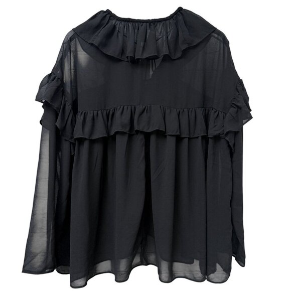 H&M Ruffle Blouse Black XS Oversized Chiffon Peasant Poet Flowy Top NWT - Picture 3 of 9